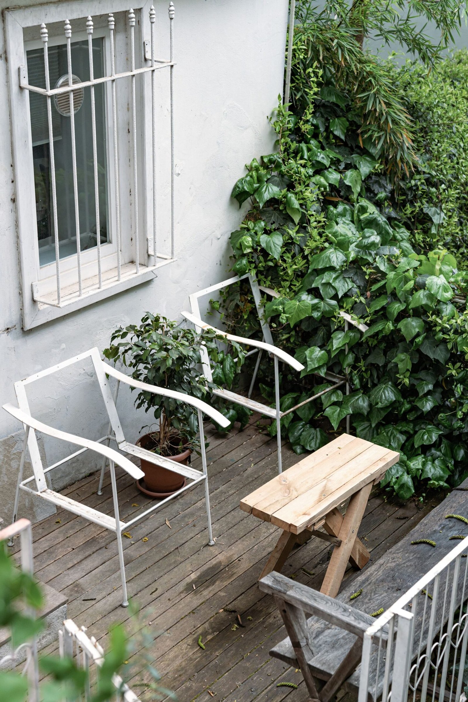 Deck seating area framed by planting