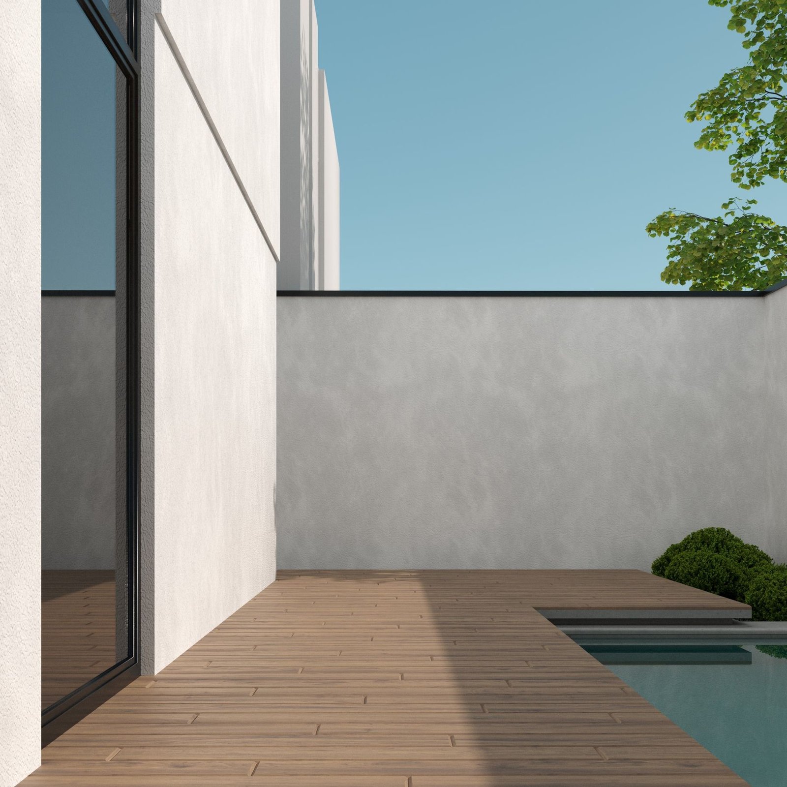 Modern low-maintenance decking beside glass doors and a pool
